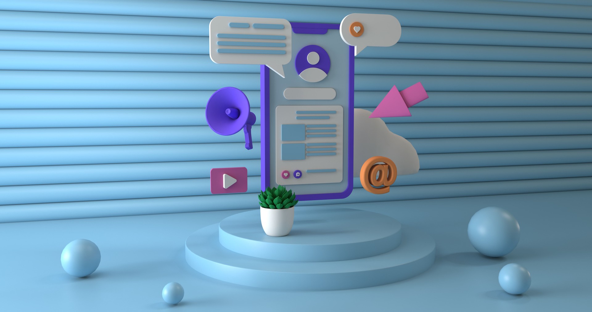 Mobile phone like 3D element on a blue background with colored 3d elements around it